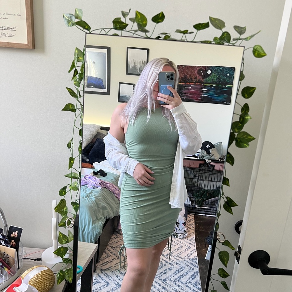 Lulu’s  Sage Green Ribbed Drawstring Ruched Bodycon Dress - Picture 5 of 6